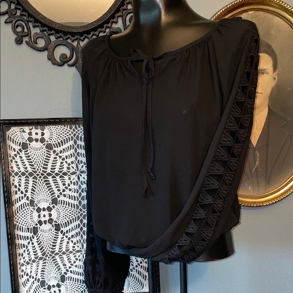 XOXO Black Tie-Neck Boho Blouse with Lace Trim